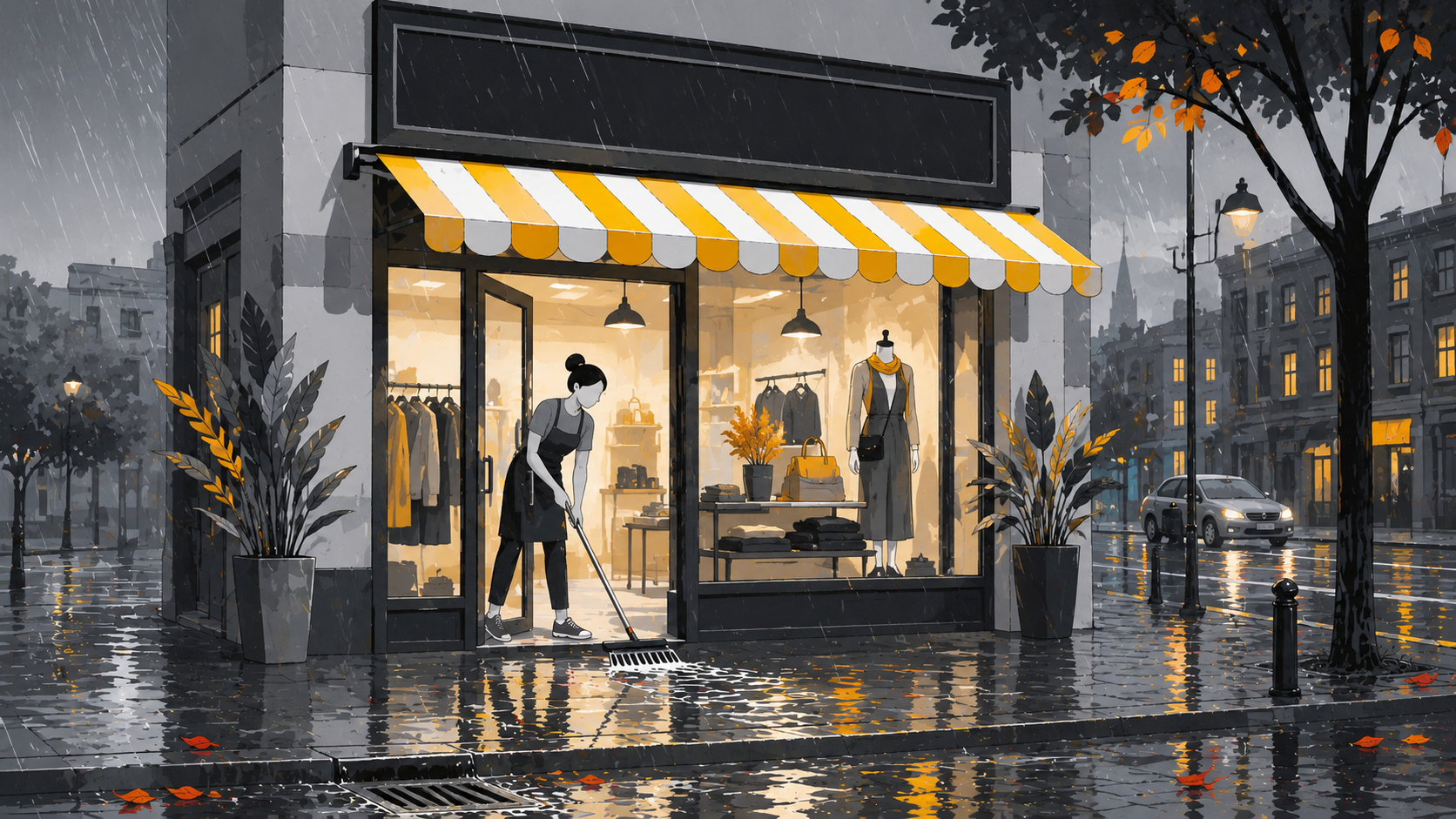 Comercio a pie de calle bajo lluvia intensa