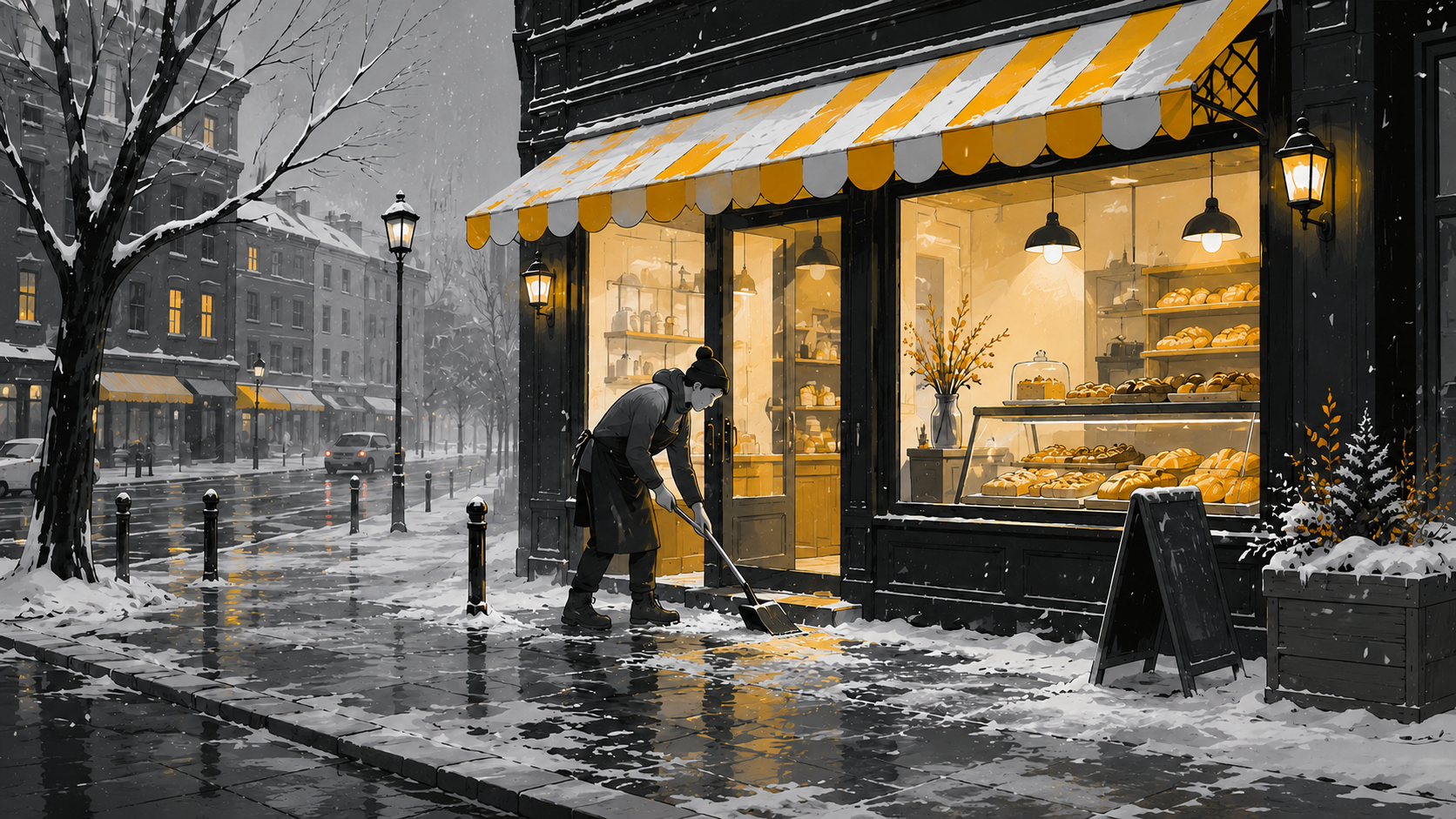 Panadería con acceso afectado por nieve y hielo