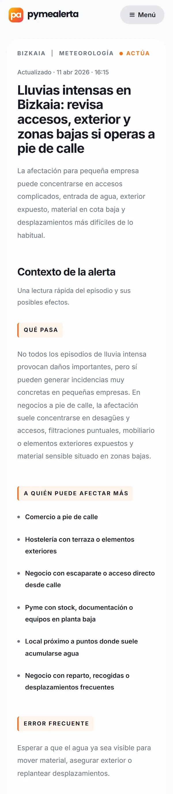 Captura móvil de una ficha de alerta Pymealerta