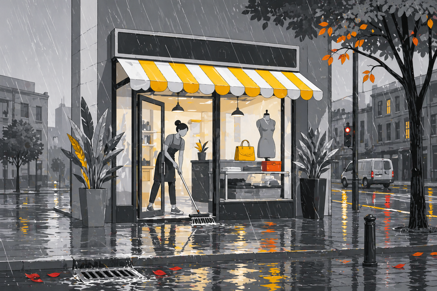 Comercio a pie de calle bajo lluvia intensa con medidas preventivas ante entrada de agua